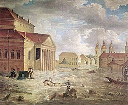 Tulva Pietarin teatteriaukiolla vuonna 1824. Fjodor Aleksejevin viimeinen maalaus.