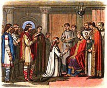 King Guthrum being appointed as a Christian by King Alfred before becoming the ruler of East Anglia A Chronicle of England - Page 052 - Baptism of King Guthorm.jpg