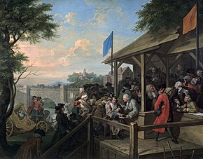 The Polling, by William Hogarth, depicting a 1754 election to the British parliament, includes a blue flag representing the conservative Tories and a buff flag representing the liberal Whigs An Election III, The Polling, by William Hogarth.jpg