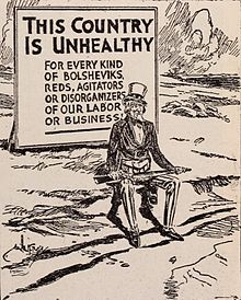 Anti-socialist cartoon in a railroad-sponsored magazine, 1912 Anti-socialist propaganda WWI (cropped).jpg