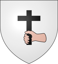 Coat of arms of Lavoute-Chilhac, France: D'argent a la main de carnation tenant une croix de sable. (Argent, a hand carnation holding a cross sable) Blason ville fr Lavoute Chilhac 43.svg