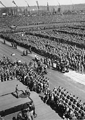 The Nuremberg rallies celebrated fascism and the rule of Adolf Hitler in Nazi Germany. Bundesarchiv Bild 183-2004-0312-504, Nurnberg, Reichsparteitag, Rede Adolf Hitler.jpg