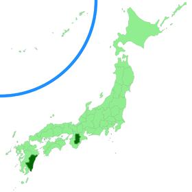 Bản đồ Nhật Bản, với các tỉnh Nara và Miyazaki được tô màu xanh lá cây đậm.
