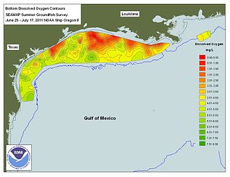 The "dead zone" in the Gulf of Mexico is caused by run-off of agricultural chemicals. Dead Zone NASA NOAA.jpg