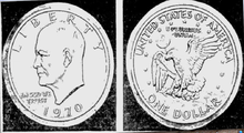 Les deux côtés d'une pièce : d'un côté, un homme chauve vu de profil et les inscriptions Liberty, In God we trust et 1970, sur l'autre, un aigle volant tenant un rameau d'olivier et les inscriptions United States of America, One Dollar et E pluribus enum.