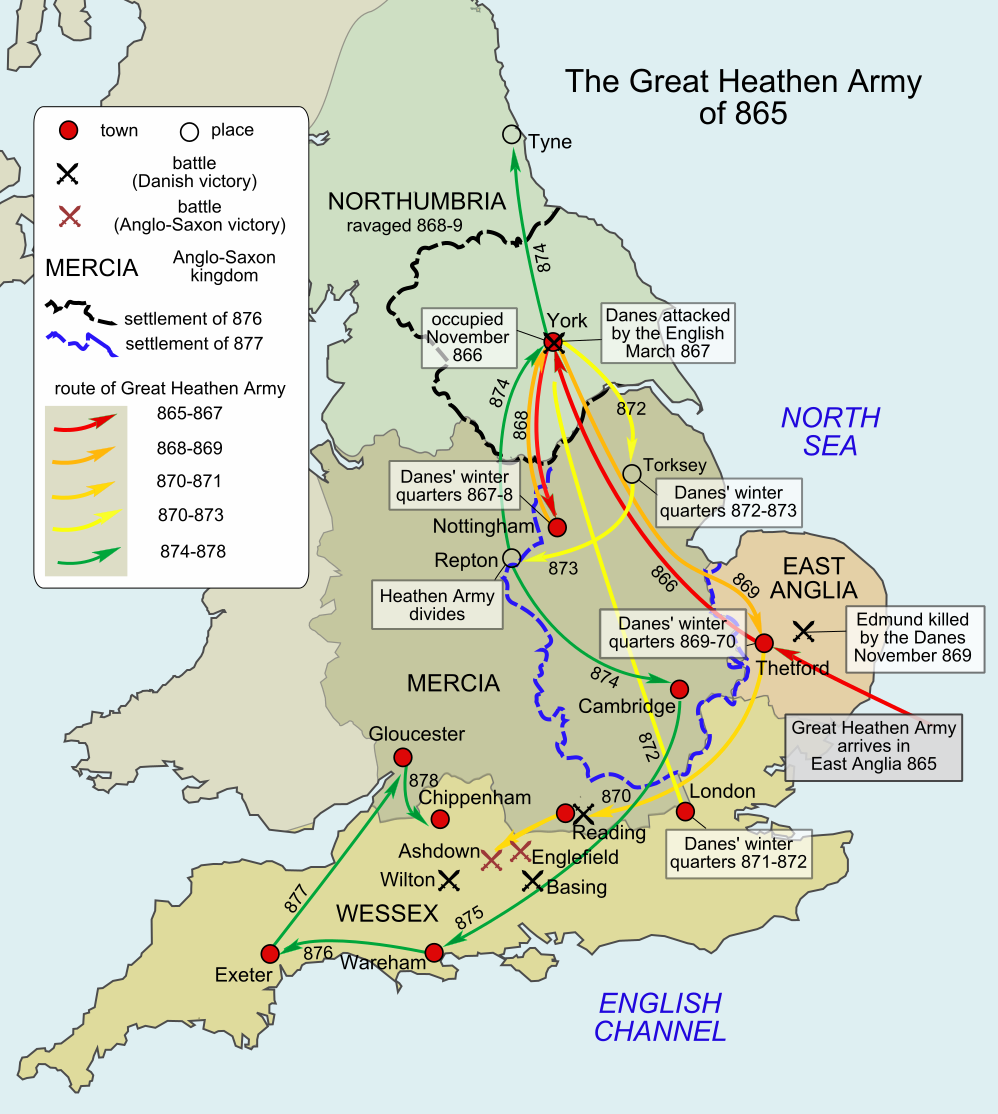 Kart over rutene til Den store hedenske hæren fra 865 til 878