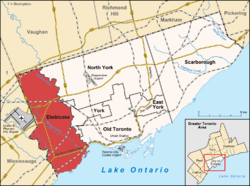 Расположение Etobicoke (красный) по сравнению с остальной частью Торонто.