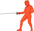 An Épée fencer.  Valid target (the entire body) is in red.
