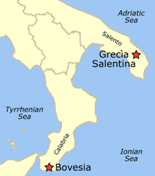 Map showing the areas where the Griko language is still spoken (Bovesia and Grecia Salentina); the last living trace of the Greek elements that once formed Magna Graecia. GrikoSpeakingCommunitiesTodayV4.png