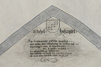 Inscription and coat of arms of a donor, red chalk