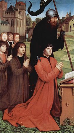 Male side panel of Hans Memling's Triptych of Wilhelm Moreel; the father is supported by his patron saint, with his five sons behind him. The central panel is here. Hans Memling 069.jpg