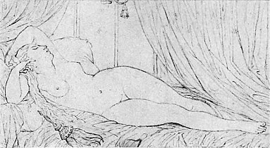 Ingres, Mujer desnuda recostada, sin datar; en los fondos de dibujos y miniaturas del Louvre (RF 1095).[2]​