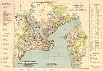 İstanbul'un 1922 yılında üretilmiş bir haritası. Haritada; Avrupa Yakası'nda Eminönü, Fatih, Beyoğlu, İstanbul, Hasköy; Anadolu Yakası'nda ise Üsküdar, Kadıköy ve Moda semtleri görülebilmektedir. (Üreten:Societe anonyme ottomane d'etudes et d'enterprises urbaines)