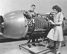 A Jumo 004 engine is being investigated by Aircraft Engine Research Laboratory engineers of the National Advisory Committee for Aeronautics in 1946 JUMO 004 Jet Propelled Engine GPN-2000-000369.jpg