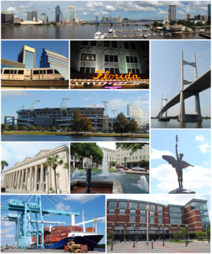 Top, left to right: Downtown Jacksonville, Riverplace Tower, statue in Memorial Park, Jacksonville Skyway, Florida Theatre, Prime F. Osborn III Convention Center, Hemming Park