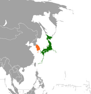 Mapa indicando localização da Coreia do Sul e do Japão.