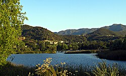 Lake Sherwood and the Santa Monica Mountains.