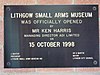 A plaque on the side of the Lithgow Small Arms Factory Museum containing details of its opening.