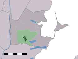 Town centre (darkgreen) and statistical district (lightgreen) of Broek in Waterland in the municipality of Waterland