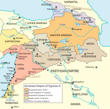 Largest expansion of Kingdom of Armenia under Tigranes the Great Map of the Armenian Empire of Tigranes (English).svg