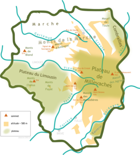 Carte des monts et plateaux du Limousin.