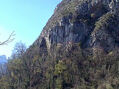 Parois rocheuses se terminant par une grotte, pratiquement envahie par la végétation.