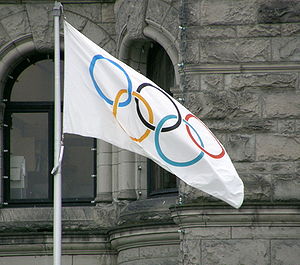English: The Olympic Flag flying in Victoria, ...