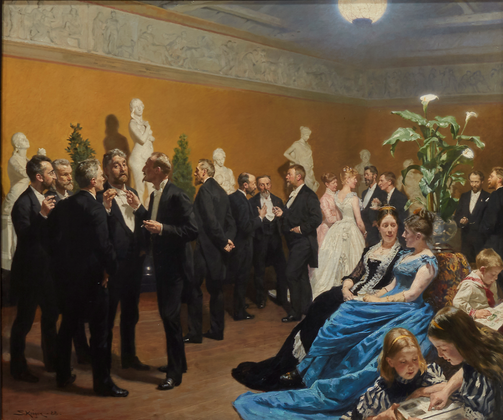 P.S. Krøyer, Selskab i Glyptotheket på Ny Carlsberg, 1888. 144 x 172 cm. Ny Carlsberg Glyptotek.