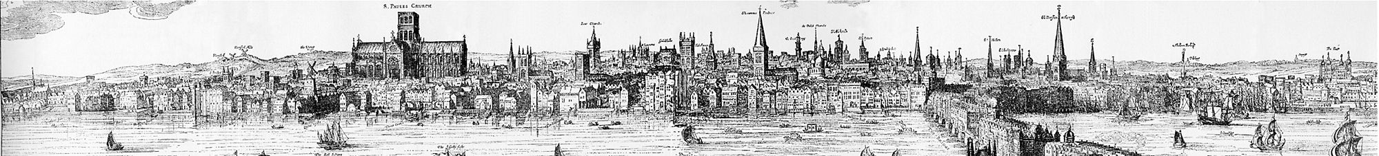 Panorámakép 1616-ból a Cityről. A kép jobb szélén látható a házakkal telezsúfolt London Bridge. A híd legtöbb épülete az 1632-es tűzvészben már egyszer megsemmisült