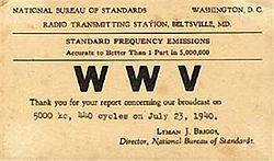 1940 QSL card for WWV in Maryland, a government operated shortwave station used for broadcasting time signals QSL card sent to listener confirming reception of WWV from Maryland - 194007.jpg