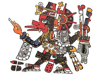 Quetzalcoatl, using the attributes of Ehecatl ...