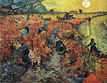 laborers toil in the field, with all but one on foot and the other manning a beast drawn cart; a river curves in and out of the scene from the upper right with one person in it and the sun is prominently displayed among yellow lighting; the foreground fields are multicolored and the background fields are yellowish.