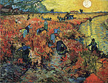 laborers toil in the field, with all but one on foot and the other manning a beast drawn cart; a river curves in and out of the scene from the upper right with one person in it and the sun is prominently displayed among yellow lighting; the foreground fields are multicolored and the background fields are yellowish.