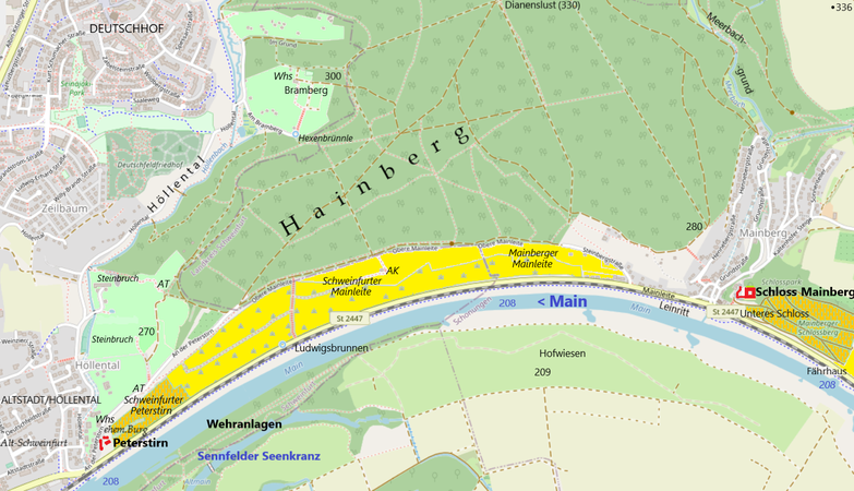 Schweinfurter Mainbogen mit Hainberg und Höllental im Westen; hellgrün: Weinberge in historischer Zeit (am Westhang des Hainbergs); gelb: Weinberge bis Mitte des 20. Jh.; ocker: heutige Weinberge; AT=Aussichtsturm, AK=Aussichtskanzel, Whs=Ausflugslokal (Wirtshaus)