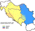 Диалекты сербскохорватского языка. Жёлтым отмечен иекавский тип произношения.