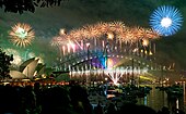 Sydney's New Year's fireworks show in 2009. Sydney habour bridge & opera house fireworks new year eve 2008.jpg