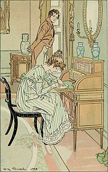 Gravure colorisée. Un jeune homme observe une jeune fille écrivant