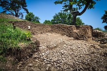 Photographie en couleurs d'une large tranchée creusée dans un terrain en pente, des gravats et des écofacts blancs parsemant le fond de l'excavation.