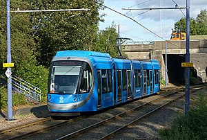 Urbos 3 tram in West Midlands Metro blue livery