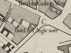 Représentation cartographique de l'hôtel sur un plan de Fontainebleau réalisé par Claude-François Denecourt en 1845.