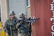 1st Squadron, 3rd Cavalry Regiment of the US Army drill with the Battelle Drone Defender in Iraq, 30 October 2018. US troops anticipate ISIS units deploying drones during reconnaissance or attacks 1st Squadron, 3rd Cavalry Regiment, operate the Drone Defender.jpg