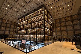 Sunlight through the building's marble panels supplements the interior's artificial lighting