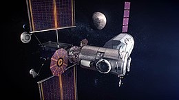 Phase 1 early Gateway with Power and Propulsion Element (left), Habitation and Logistics Outpost (center foreground), and cargo spacecraft (center background) depicted 2024 Lunar Gateway concept art, March 2020.jpg