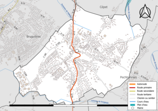 Carte en couleur présentant le réseau hydrographique de la commune