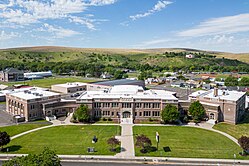 The original 1921 school remains the largest and most prominent feature of Mac-Hi's six building campus.