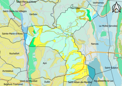 Carte montrant en couleurs le zonage géologique simplifié d'une commune