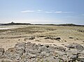 Le pertuis (détroit), franchissable à pied à marée basse, séparant le continent de l'île Wrac'h, vu du continent (l'Île Wrac'h est à l'arrière-plan).