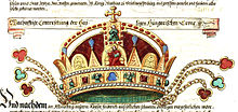 The oldest authentic representation of the Holy Crown from 1555. The crown depicted in the Fugger Chronicle. All images of the crown before the mid-17th century show the cross in its original upright position. A Szent Korona legregibb hiteles abrazolasa 1555.jpg