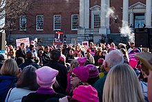 Women's March on January 20, 2018, on Lawyers Mall near the State House. Lawyers Mall is frequently used for protests and other gatherings. Annapolis Women's March 12.jpg