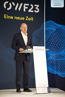 Bundeskanzler Olaf Scholz auf der Konferenz des 8. Ostdeutschen Wirtschaftsforums im brandenburgischen Bad Saarow, 11. Juni 2023. Fotograf: Bernd Brundert